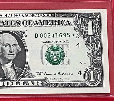 1999 STAR NOTE $1 DOLLAR BILL ( CLEVELAND D ) SCARCE - UNCIRCULATED - Image 1 of 3