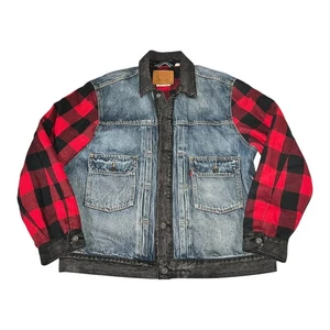 Levi's Premium Denim Jacket Mens Large Blue Button Up Lined Buffalo Plaid Type 2 - Picture 1 of 19