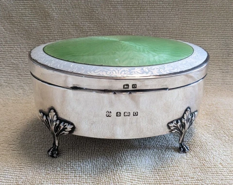 George V Sterling Silver Guilloche Enamel Jewellery Trinket Box fully Hallmarked Cover
