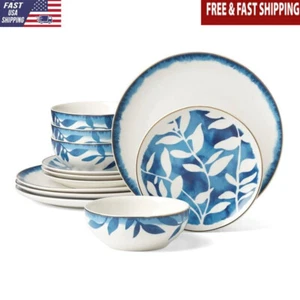 Blue & White 12-Piece Porcelain Tableware Set 4 Dishwasher/Microwave Safe New - Picture 1 of 7