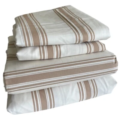 Burlington Percale Queen Sheet Set Ticking Stripe Tan And White Neutral Vtg New - Image 1 of 4