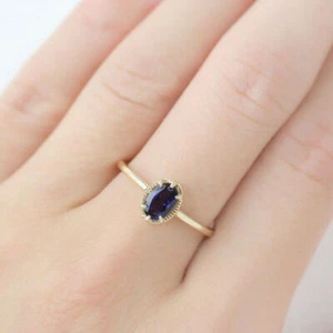 Natural Blue Sapphire Solitaire Bridal Ring 14k Solid Yellow Gold - Picture 1 of 2