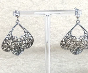 ORECCHINI PENDENTI SU PIZZO D'ARGENTO A FIORI LUCIDI FIRMATI FLORENCE STYLE 925 - Foto 1 di 10