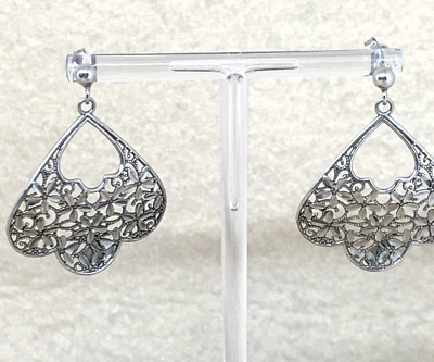 ORECCHINI PENDENTI SU PIZZO D'ARGENTO A FIORI LUCIDI FIRMATI FLORENCE STYLE 925 - Immagine 1 di 4