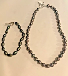 SEA LILY FRESH WATER PEARL NECKLACE & BRACELET SET IRIDESCENT PURPLISH COLOR - Picture 1 of 8