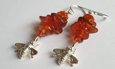 Baltic Amber Silver Honey Bee Swarovski drop Earrings - Image 1 of 4