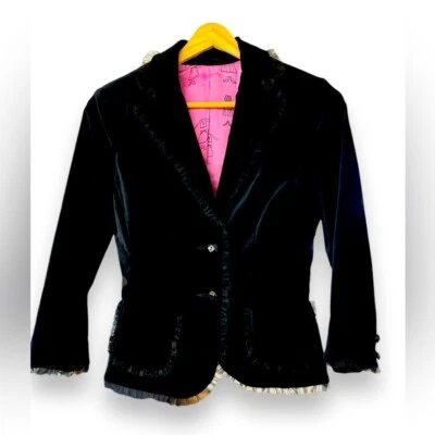 Blazer de Terciopelo Traje Chaqueta Malla Borde Volantes Dos Botones Bolsillo Frontal Talla 2 Foto 1 de 4