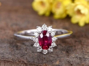 1.10 Ct Oval Cut Natural Ruby Diamond Ring Wedding 14K White Gold size7 - Picture 1 of 6