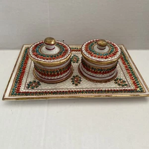 Marble Round Dried Fruit Containers And Tray Handmade Beaded Red,Green & White - Picture 1 of 9