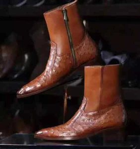 Handmade Ostrich Leather Zipper Boot, Hunter Cube Heel Leather Sole Ankle Boots - Picture 1 of 10