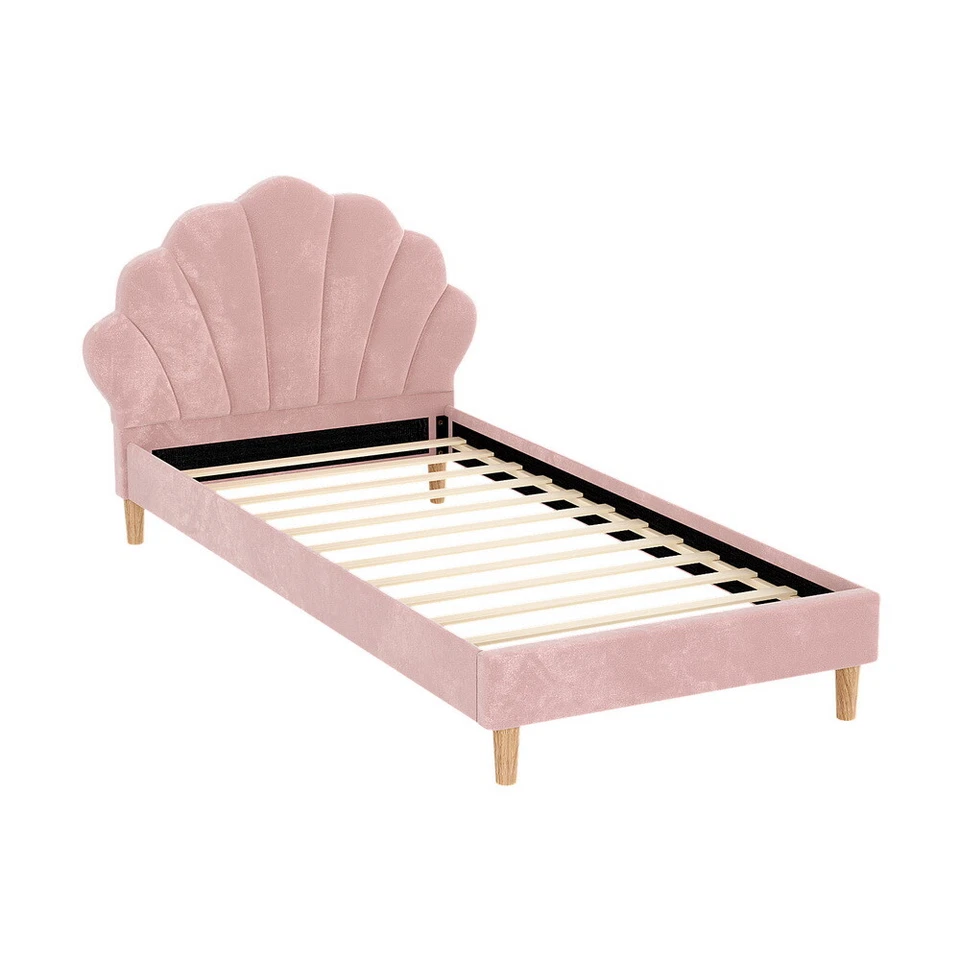 Artiss Bed Frame King Single Scallop-Shape Bedhead Beds Base Pink Velvet Fabric