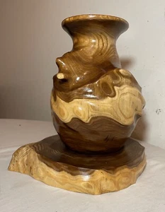 modern handmade turned high gloss wood vase sculpture with matching base - Picture 1 of 12