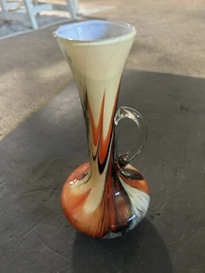 Vintage Mid-Century 10” Art Glass Pitcher Orange/Black/Cream - Picture 1 of 6