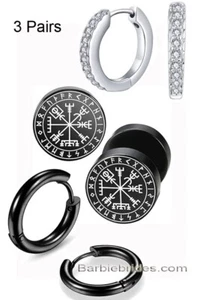3-Pairs Viking Runes Stud Earrings+Black Hoop+Silver CZ Hoop Men Women Earrings - Picture 1 of 18