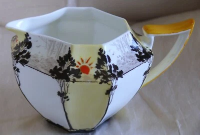 Shelley: jarra de leche: árboles altos y puesta de sol en marrón: Q. Anne (11828): Art Deco Foto 1 de 4