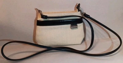 Tommy Hilfiger Blanco Tejido Paja Cartera Bolso de Mano/Negro Patente Correa Rayas Foto 1 de 4