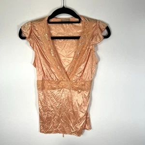 Y2K Vintage Babydoll Crossover Lace Sheer Top Size L Coquette Fairy Sequins F21 - Picture 1 of 7