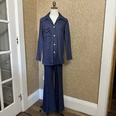 De Colección Años 70 Traje de Ocio Jean Denim Look Chaqueta Camisa Campana Parte Inferior Conjunto a Juego Foto 1 de 4
