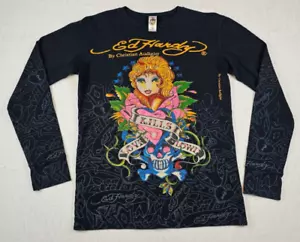 Vintage Ed Hardy Lady Love Kills Slowly Skull Black Long Sleeve Thermal - Size M - Picture 1 of 24