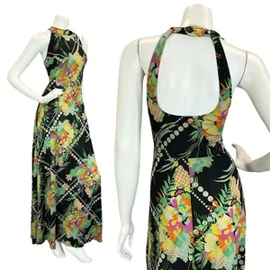 VTG 60ER 70ER SCHWARZ GELB GRÜN PINK WEISS GEPUNKTET BLUMEN NECKHOLDER MAXIKLEID 8 - Bild 1 von 8
