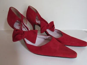 Red by Ramon Tenza Red Suede Ankle Strap Heels Bow Sz 6 - Picture 1 of 11