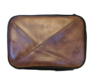 S-ZONE Brown Cowhide Leather Canvas Organizer Toiletry Travel Double Zipper Case - Picture 1 of 6