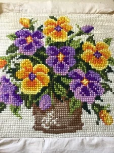 Yellow Purple Lilac Flower Tapestry Cushion Cover Vintage Hand Made Craft - Picture 1 of 9