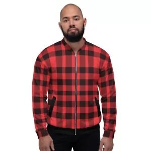 Bomberjacke für Herren - rot und schwarz kariert Colorblock Muster - Bild 1 von 12