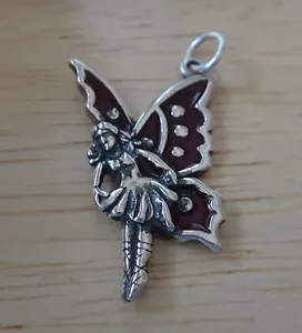 Sterling Silver 30x17mm Dark Red Enamel Fairy Charm - Picture 1 of 1