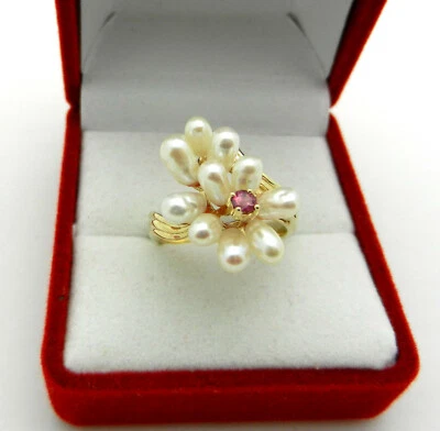 Solid 14k Yellow Gold Cluster Pearls & Ruby Accent Ring size 5.75 - Image 1 of 4