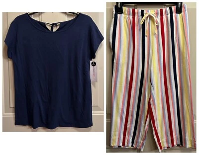 LIZ CLAIBORNE 2 PIEZAS PIJAMA ROPA DE DORMIR XS PJS AZUL MARINO RAYAS CAMISA CAPRIS NUEVO Foto 1 de 4