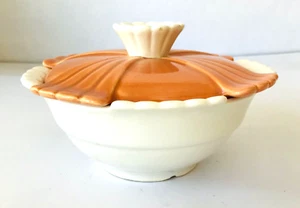 USA Calif Ceramic Pottery Bowl & Lid Pumpkin Orange & White Mid Century Modern - Picture 1 of 6