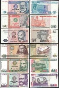 Lote (6 Piezas) JUEGO PERU 10, 50, 100, 500, 1000, 5000 INTIS 1987 1988 1989 NUEVO-UNC - Imagen 1 de 1