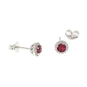 Boucles D'Oreilles or Blanc 18 KT 750/1000 avec Pierre Centre Rouge et Zircons - Picture 1 of 1