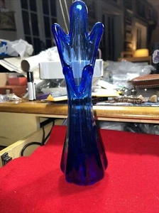 Vtg MCM 10" Swung Vase Five 5 Finger Cobalt Blue Art Glass Mid Century Modern - Picture 1 of 5