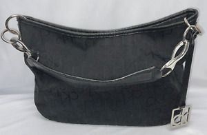 CALVIN KLEIN Signature CK Monogram Black Canvas Hobo Bag Leather Trim & Strap