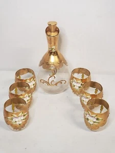 Signed Sergio Zane Murano Italy Hand Painted SET OF 6 GLASSES + CARAFE - Picture 1 of 13
