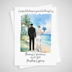 Tarjeta de boda de playa personalizada destino Grecia Chipre - Imagen 1 de 2