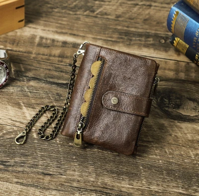 Contacts Men's RFID Oil Leather Wallet Photo Coin 7 Card Holder Anti-Theft Chain - Image 1 of 4