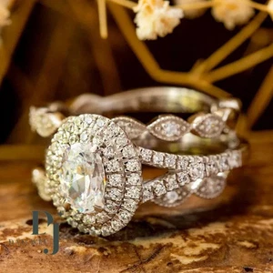 3Ct Oval Lab Created Diamond Engagement Ring Bridal Set 14K White Gold Plated - Picture 1 of 6