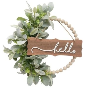 Winters Wreath for Front Door, Wood Bead Wreaths with Artificial Lambs Ears - Picture 1 of 8