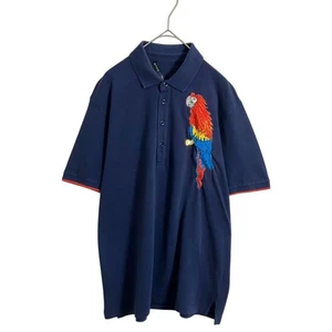 ETRO Navy Polo Shirt M Embroidered Parrot Bird India 100% Cotton Vintage F/S - Picture 1 of 9
