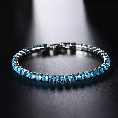 New 4MM Round Gemstone Sky Blue Topaz Gemstone Silver Jewelry Bracelet For Women - Image 1 of 4