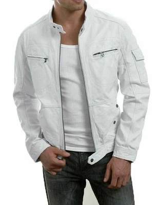 Men's White Lambskin Leather Jacket Soft Slim Fit Motorcycle Biker Jacket - Image 1 of 3