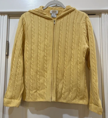 Talbots Hooded Cable Knit Zip Up Yellow Cardigan Sweater 100% Cotton Petite M - Image 1 of 4