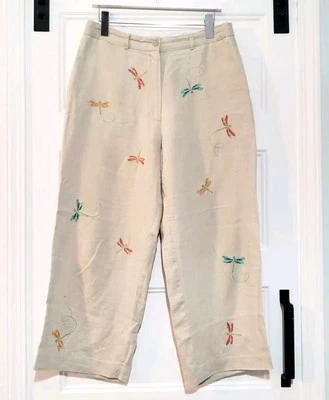 Jillian Jones Linen Dragonfly Embroidered Cropped Pant Wide Leg Beige Womens 10 - Image 1 of 4