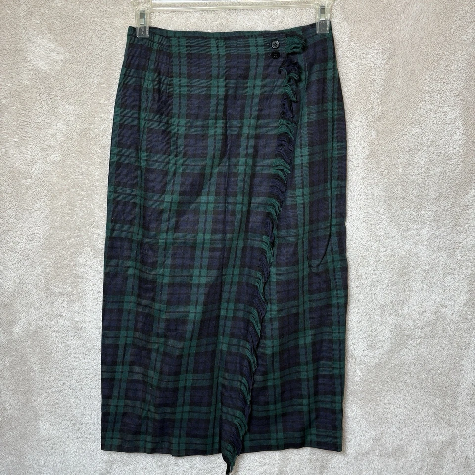 Винтажный 90-х синий зеленый клетку Tartan макси надежном юбка Sz 6 маленький опрятный бахрома читать - Изображение 1 из 4