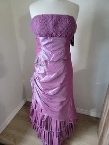 Vintage Taffeta Strapless Dress Size 10 Purple 2 Tone Tiered Ruffle Lace Flower - Picture 1 of 11
