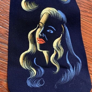 Vintage 1940s Dixon Art Studio Hand Painted Tie Flapper Girl Silk Blue OOAK - Picture 1 of 15