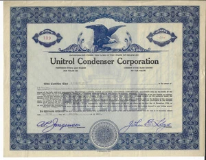 NEW YORk 1927 Unitrol Condenser Corporation Stock Certificate Electric Condenser - Picture 1 of 2